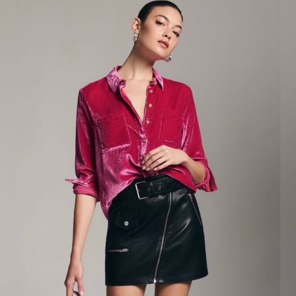 Anthropologie Pilcro Hadley Relaxed Velvet Button Down Top, Hot Pink, Size 4, XS - Picture 4 of 4